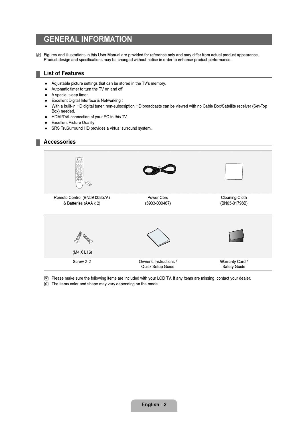 Samsung LN22B50 user manual General Information, List of Features, Accessories, 3903-000467, M4 X L16 Screw X 