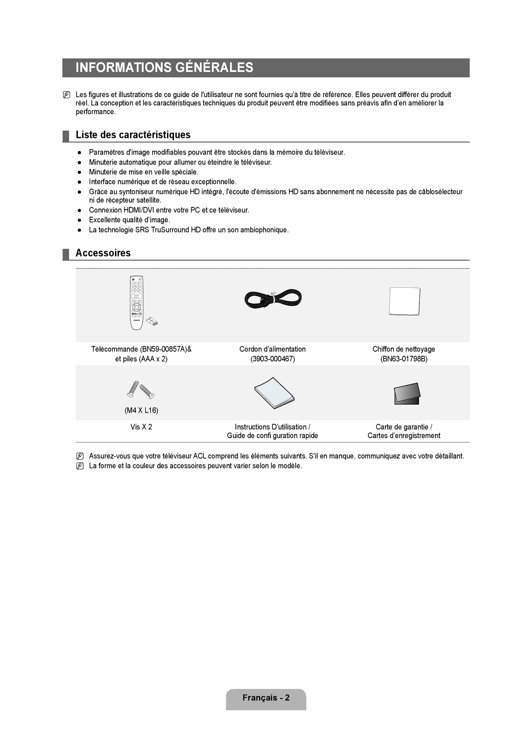 Samsung LN22B50 user manual Informations générales, Liste des caractéristiques, Accessoires, M4 X L16 