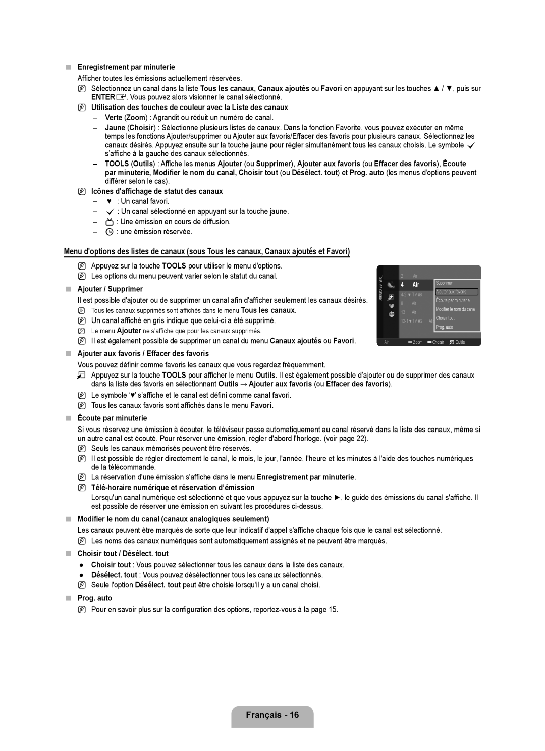 Samsung LN22B50  Enregistrement par minuterie, Utilisation des touches de couleur avec la Liste des canaux,  Prog. auto 