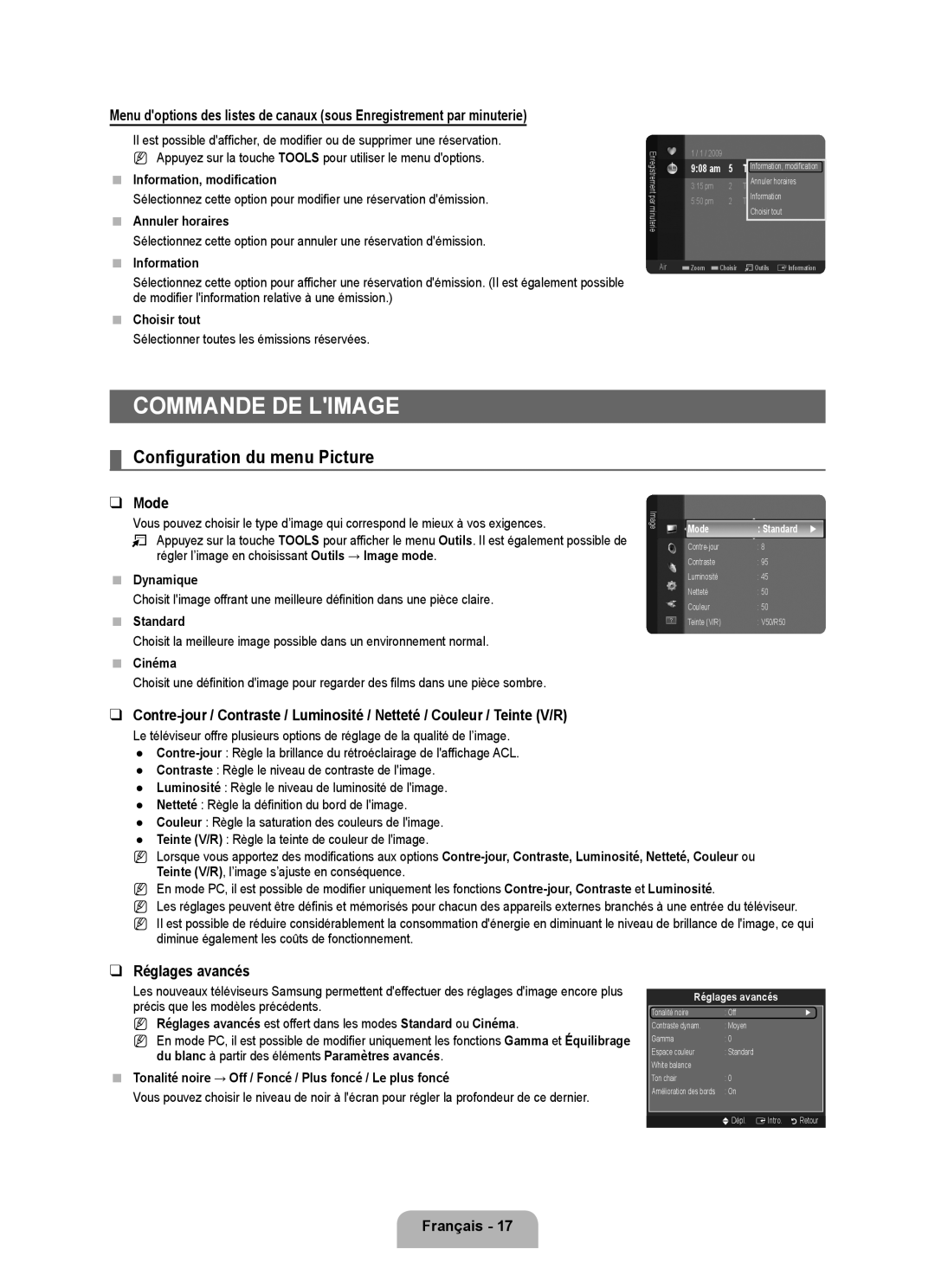 Samsung LN22B50 user manual Commande de limage, Configuration du menu Picture, Réglages avancés 