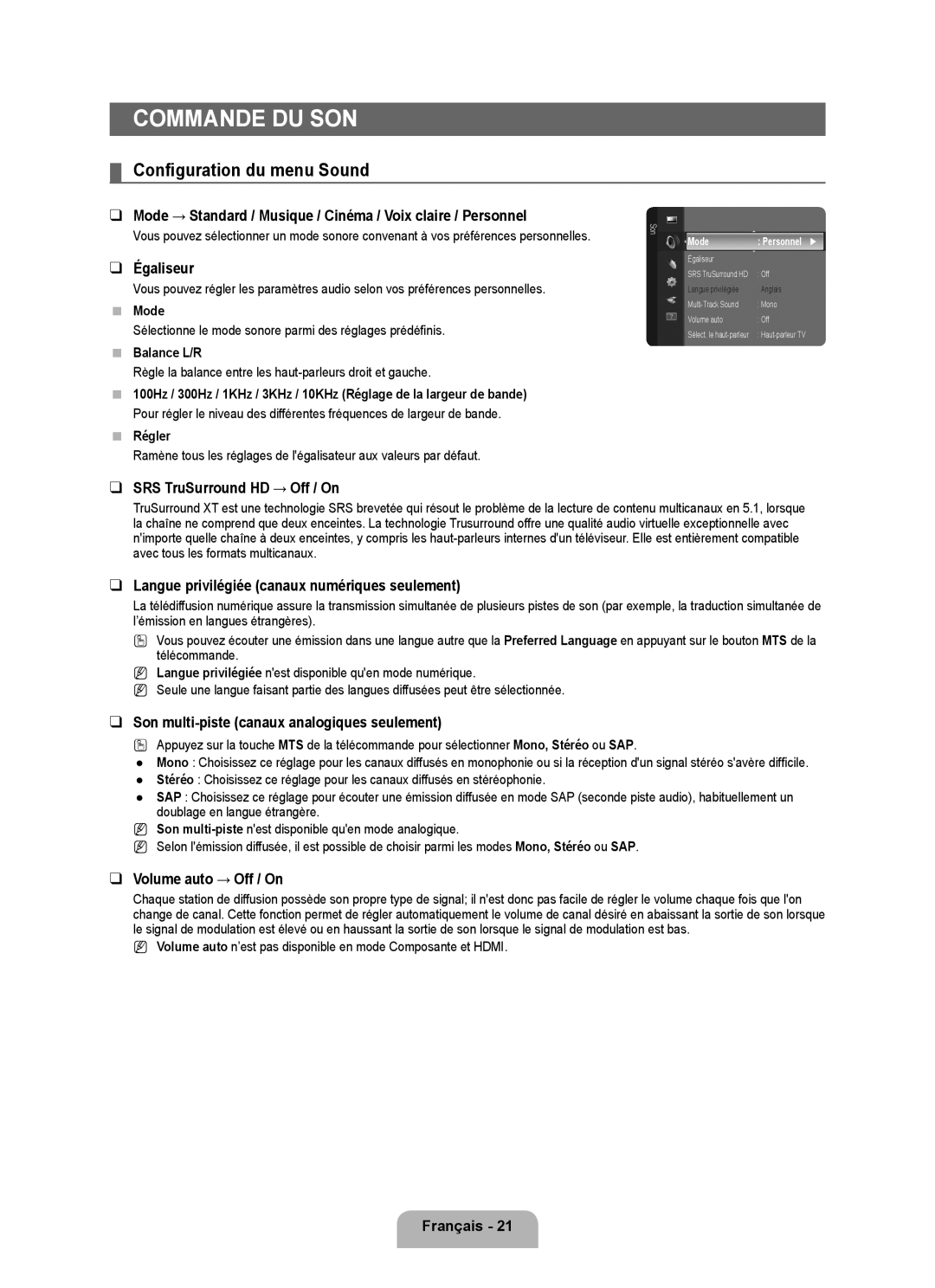 Samsung LN22B50 user manual Commande du son, Configuration du menu Sound 