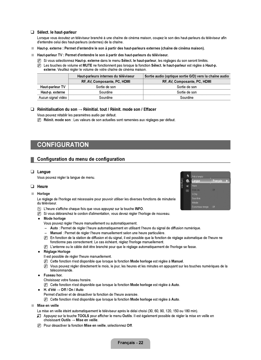 Samsung LN22B50 user manual Configuration du menu de configuration Langue, Sélect. le haut-parleur 