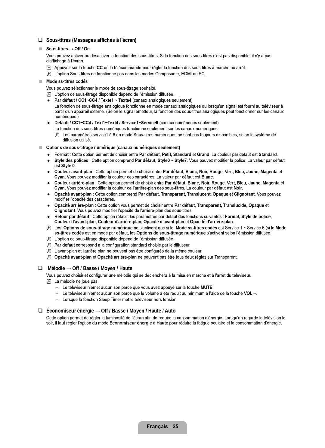 Samsung LN22B50 Sous-titres Messages affichés à lécran, Mélodie → Off / Basse / Moyen / Haute,  Sous-titres → Off / On 
