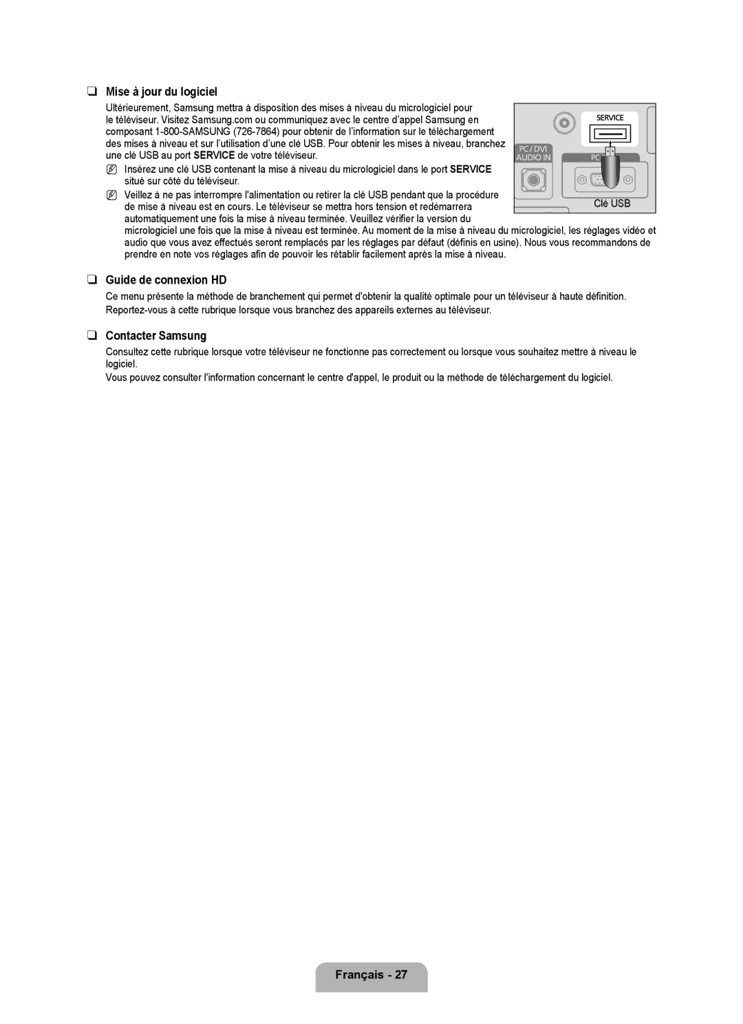 Samsung LN22B50 user manual Mise à jour du logiciel, Guide de connexion HD, Contacter Samsung, Clé USB 