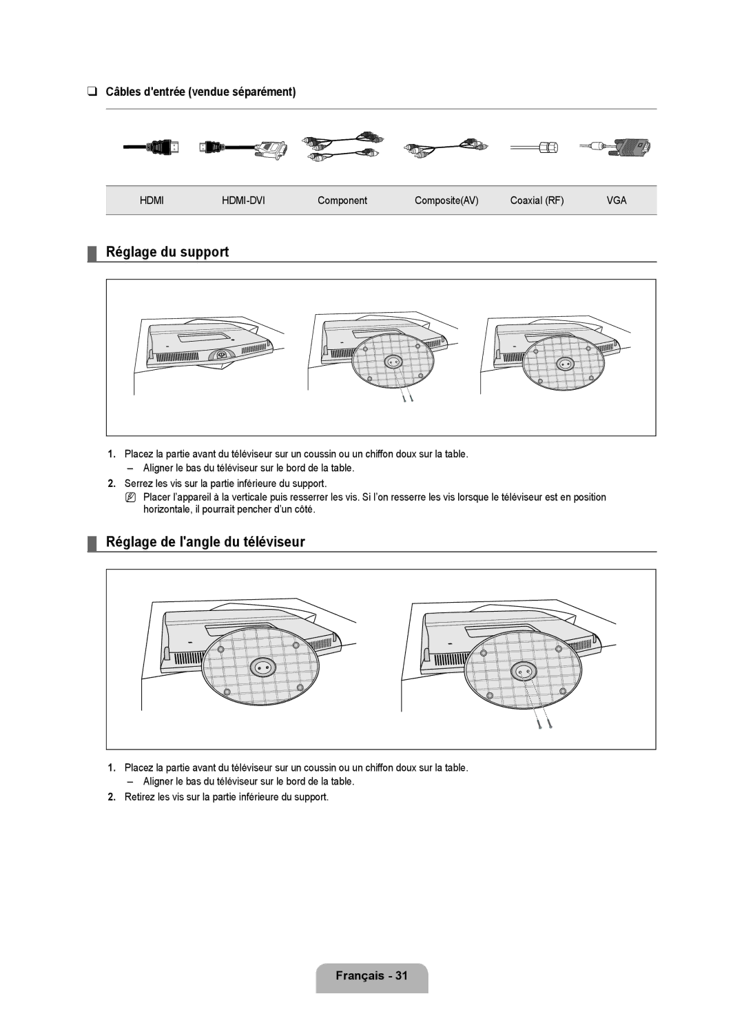 Samsung LN22B50 user manual Réglage du support, Réglage de langle du téléviseur, Câbles dentrée vendue séparément 