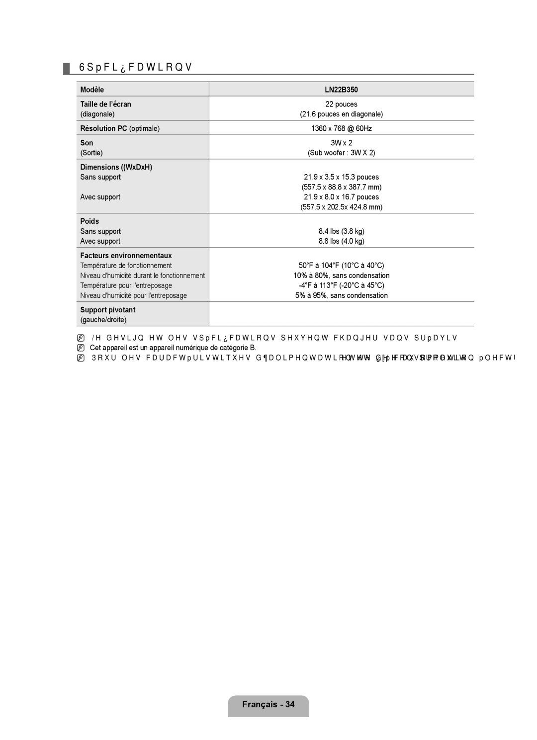 Samsung LN22B50 user manual Spécifications 