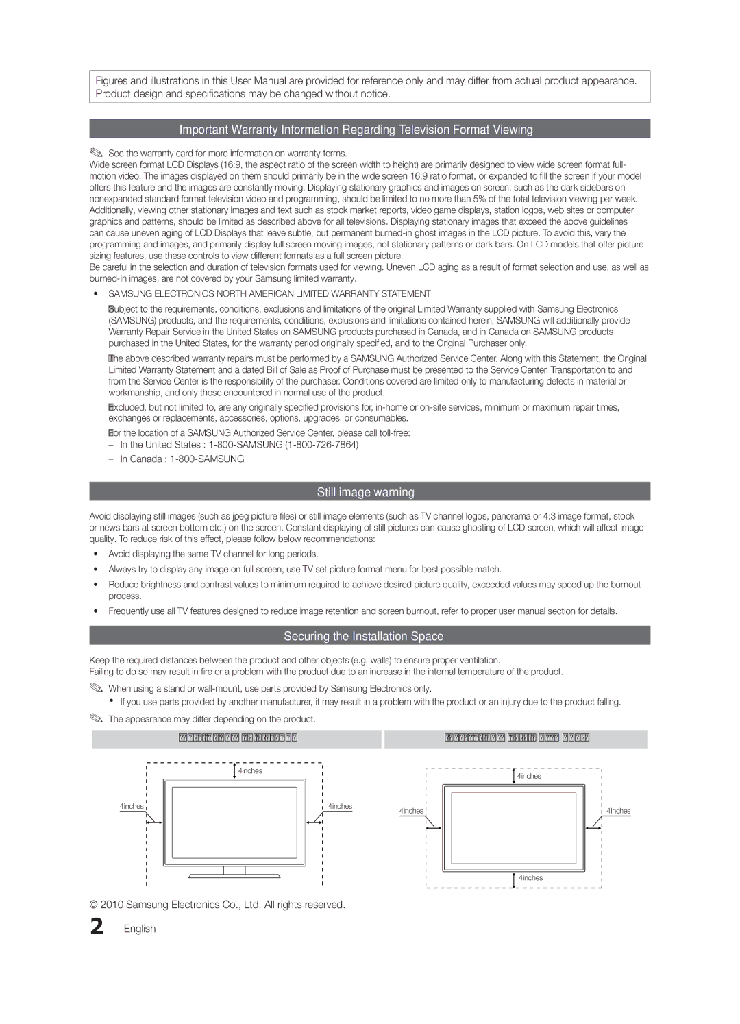 Samsung LN26C450, LN32C450 user manual Still image warning, Securing the Installation Space, Installation with a stand 