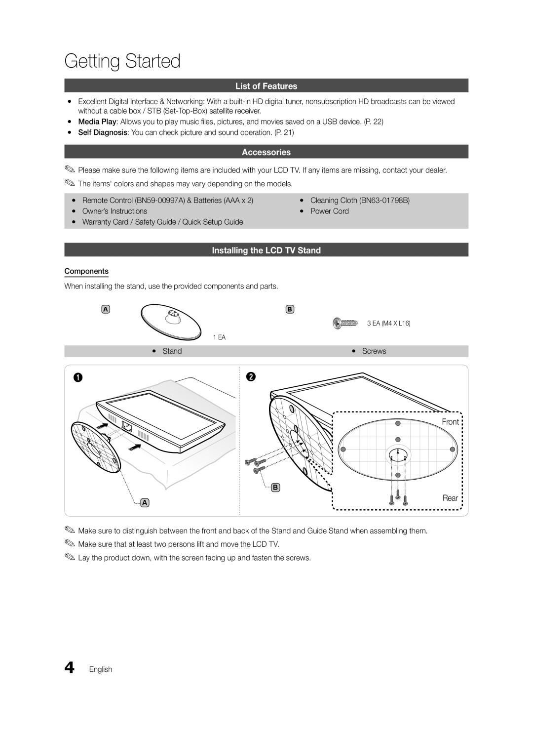 Samsung LN26C450, LN32C450 Getting Started, List of Features, Accessories, Installing the LCD TV Stand, Yy Stand Yy Screws 