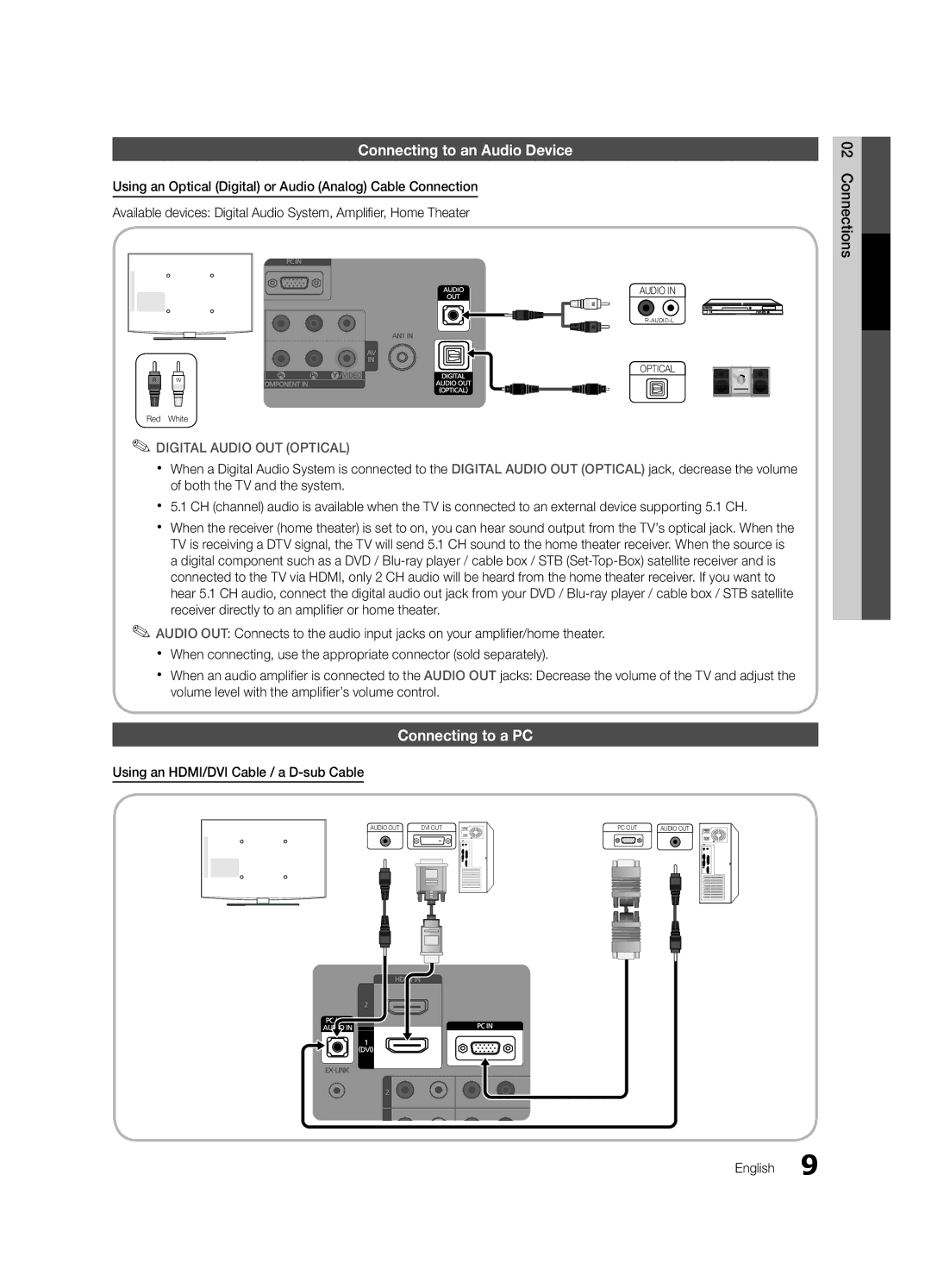 Samsung LN32C450, LN26C450 Connecting to an Audio Device, Connecting to a PC, Using an HDMI/DVI Cable / a D-sub Cable 