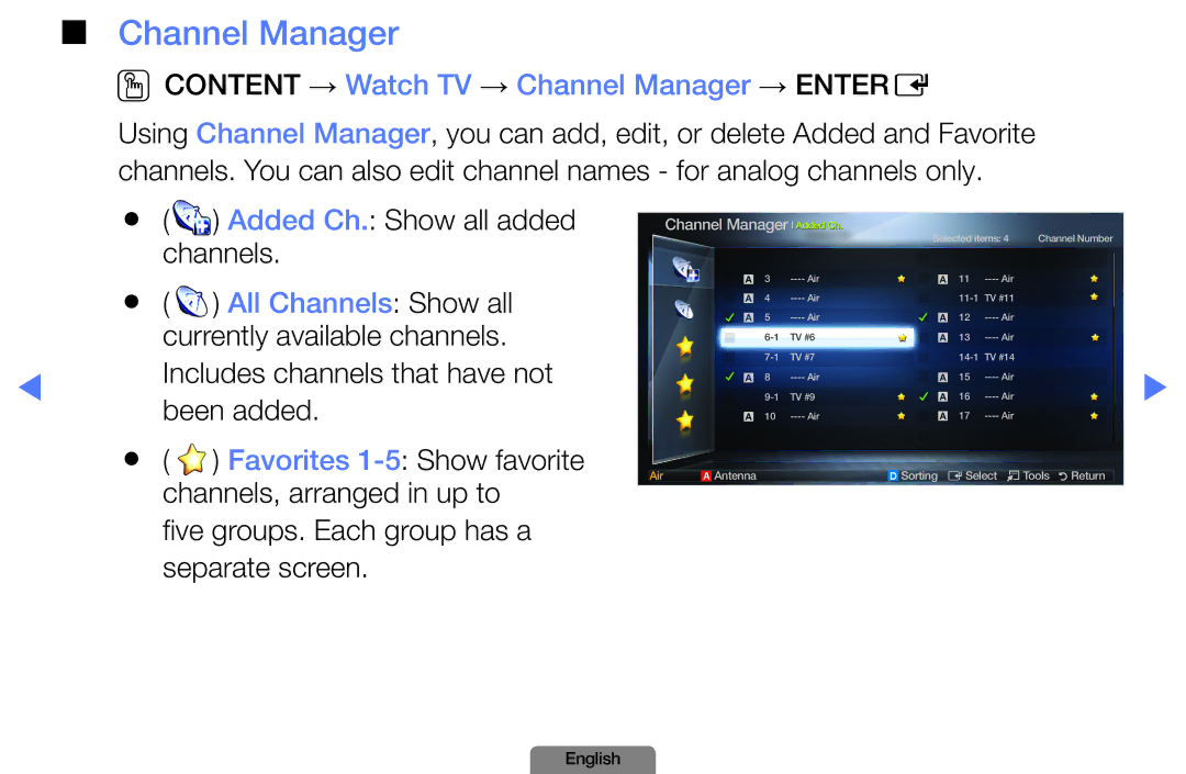 Samsung LN26D450, LN37D550 manual Oocontent → Watch TV → Channel Manager → Entere 