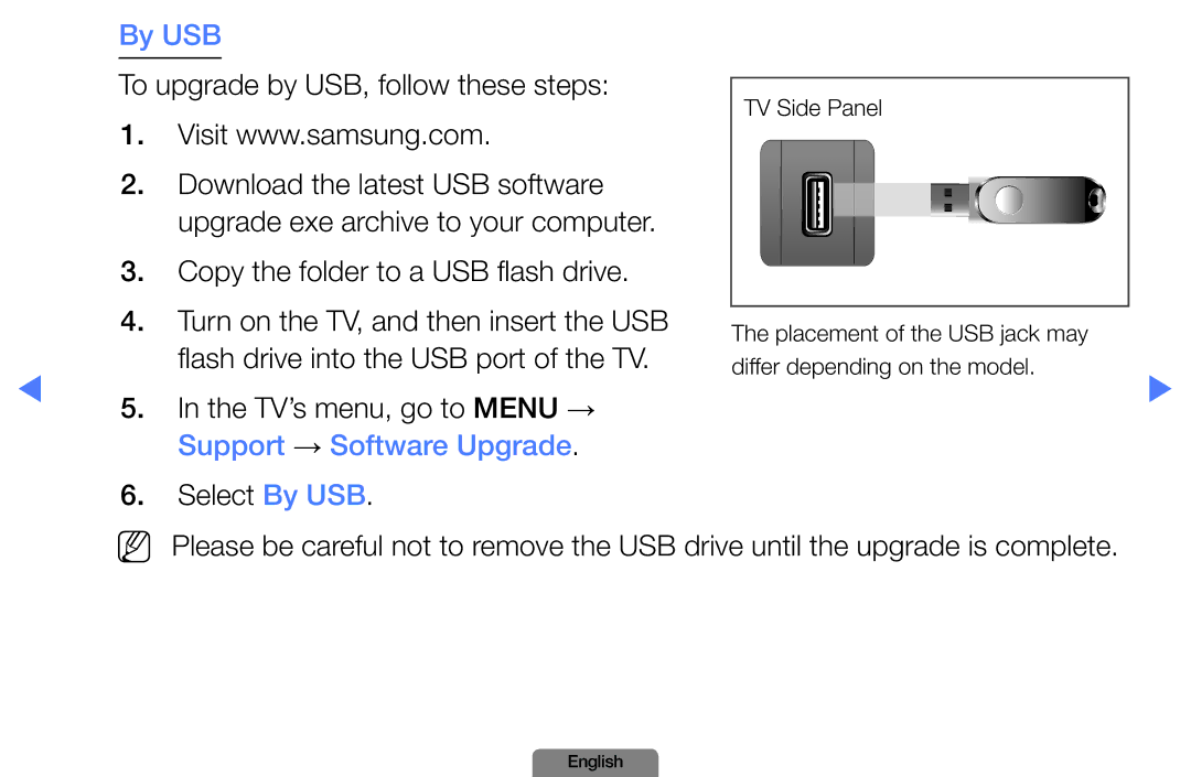 Samsung LN37D550, LN26D450 manual By USB, To upgrade by USB, follow these steps, Flash drive into the USB port of the TV 