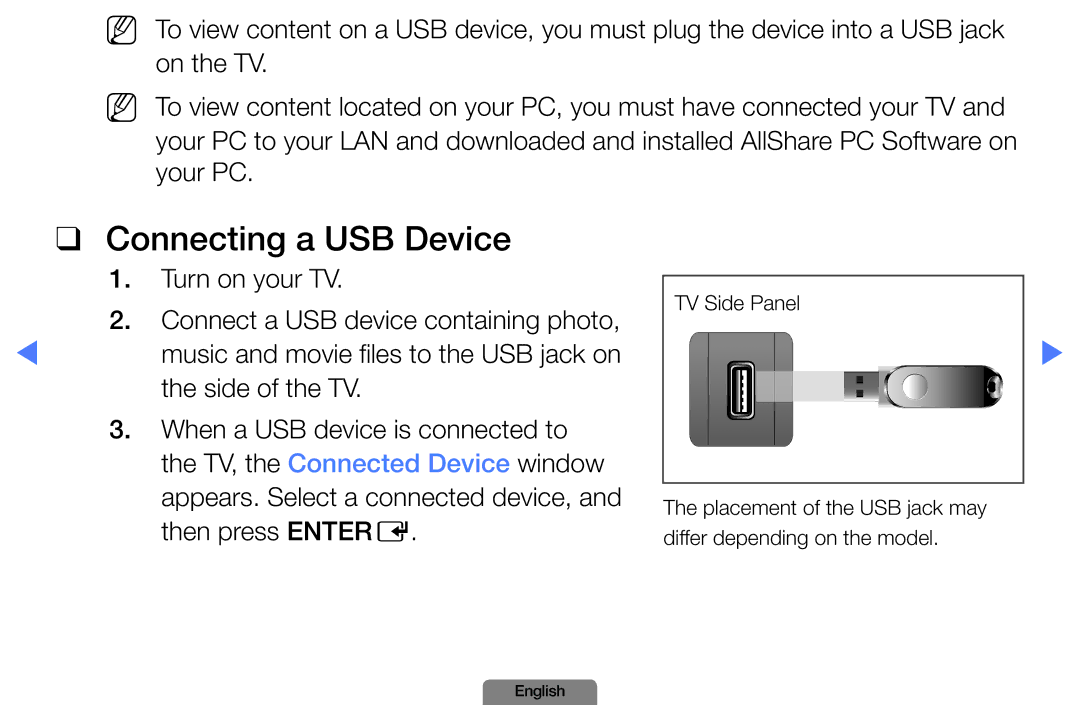 Samsung LN37D550, LN26D450 Connecting a USB Device, Turn on your TV Connect a USB device containing photo, Side of the TV 