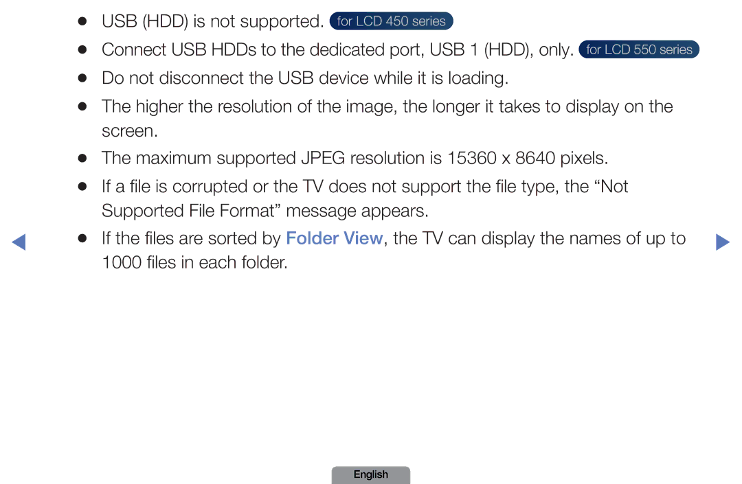 Samsung LN37D550, LN26D450 manual USB HDD is not supported, Do not disconnect the USB device while it is loading, Screen 