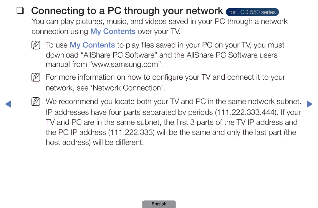 Samsung LN26D450, LN37D550 manual Connecting to a PC through your network for LCD 550 series 