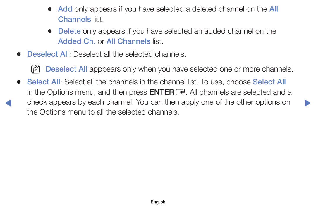 Samsung LN26D450, LN37D550 manual Options menu to all the selected channels 