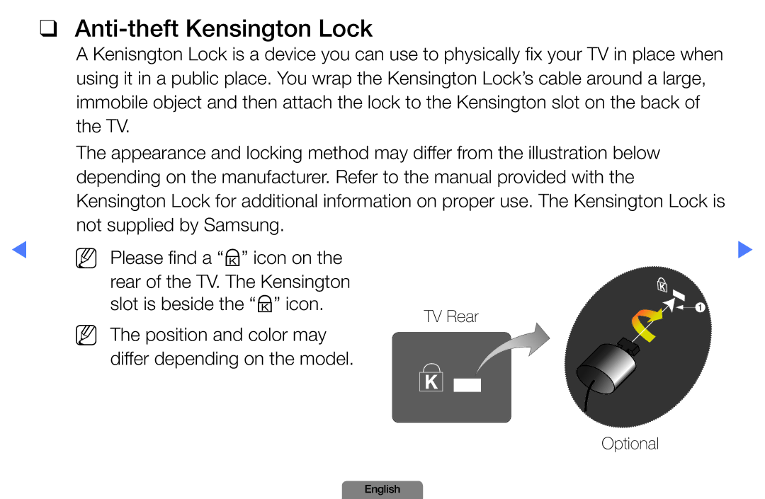 Samsung LN37D550, LN26D450 manual Anti-theft Kensington Lock, NN The position and color may Differ depending on the model 