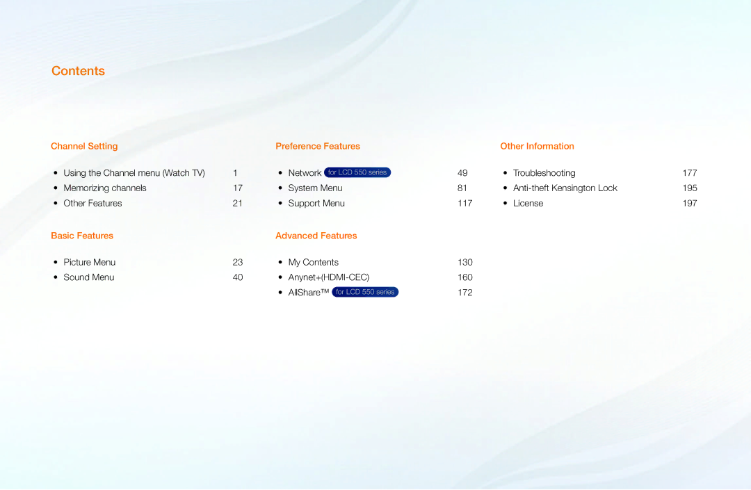 Samsung LN26D450, LN37D550 manual Contents 