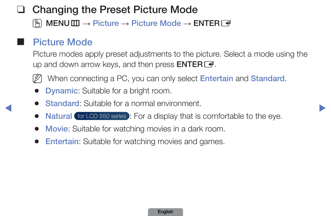 Samsung LN37D550, LN26D450 manual Changing the Preset Picture Mode, OOMENUm → Picture → Picture Mode → Entere, Natural 
