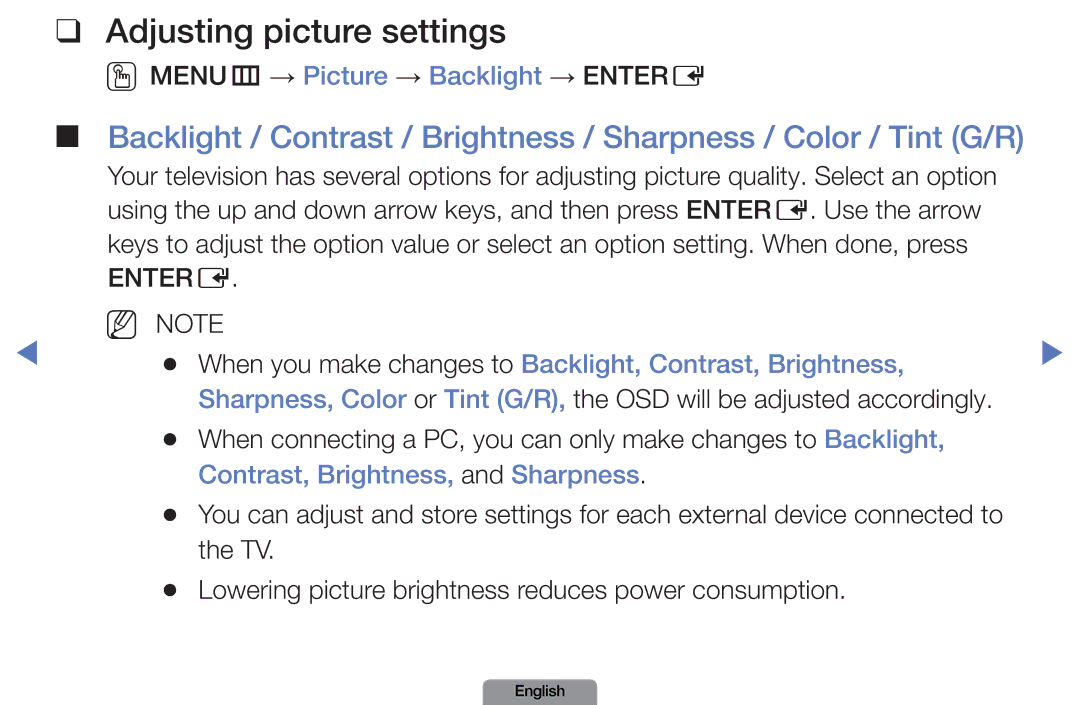 Samsung LN26D450 Adjusting picture settings, OOMENUm → Picture → Backlight → Entere, Contrast, Brightness, and Sharpness 