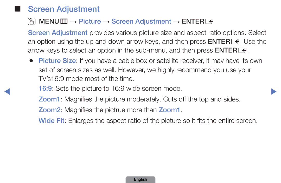 Samsung LN37D550, LN26D450 manual OOMENUm → Picture → Screen Adjustment → Entere 