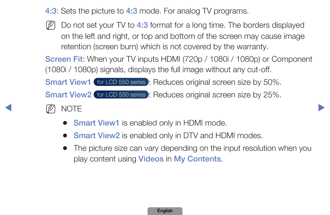 Samsung LN26D450, LN37D550 manual Sets the picture to 43 mode. For analog TV programs, Smart View1 Smart View2 