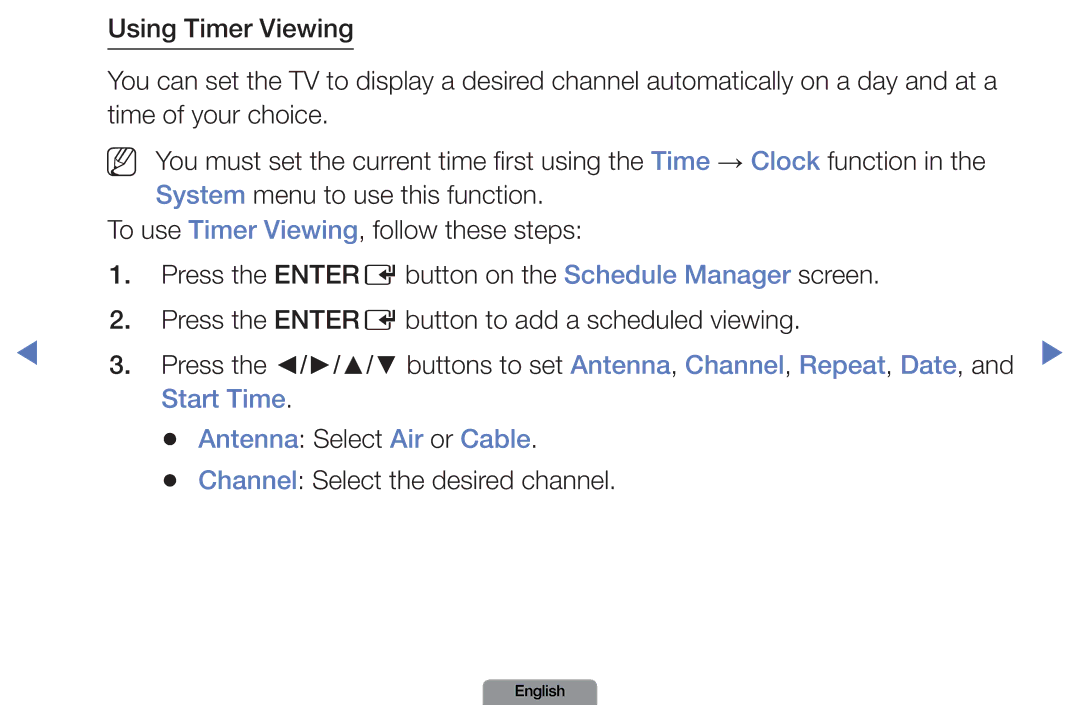 Samsung LN26D450, LN37D550 manual Start Time Antenna Select Air or Cable, Channel Select the desired channel 