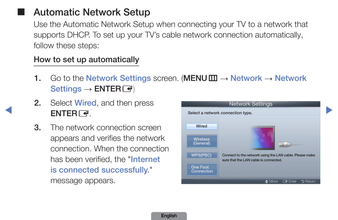 Samsung LN26D450, LN37D550 manual Automatic Network Setup, Select Wired, and then press 