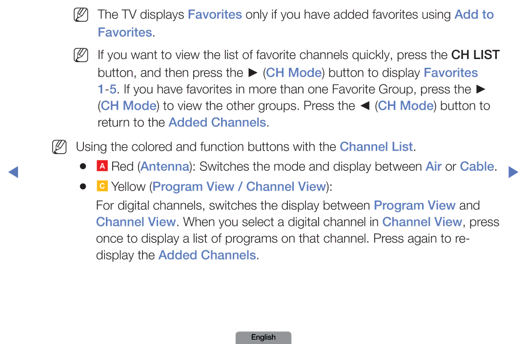 Samsung LN37D550, LN26D450 manual Favorites, Return to the Added Channels, Yellow Program View / Channel View 