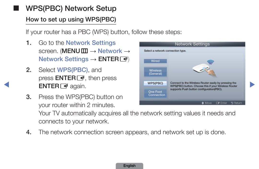 Samsung LN37D550, LN26D450 manual Select WPSPBC, Press ENTERE, then press, Entere again, Press the Wpspbc button on 