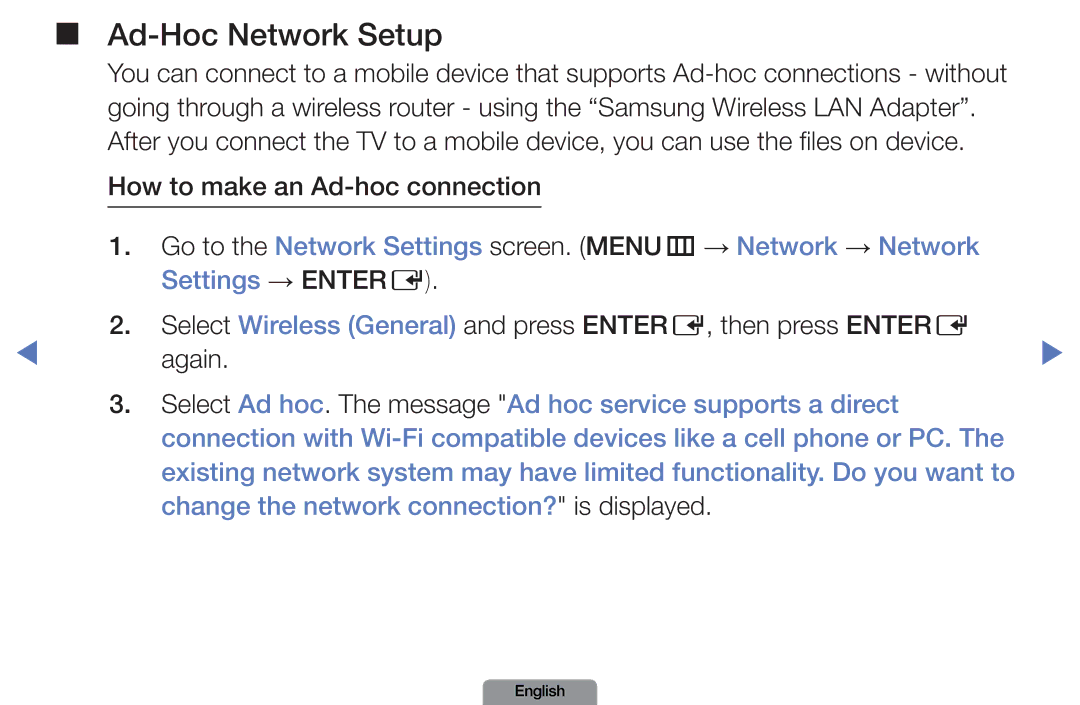 Samsung LN26D450, LN37D550 manual Ad-Hoc Network Setup, How to make an Ad-hoc connection 