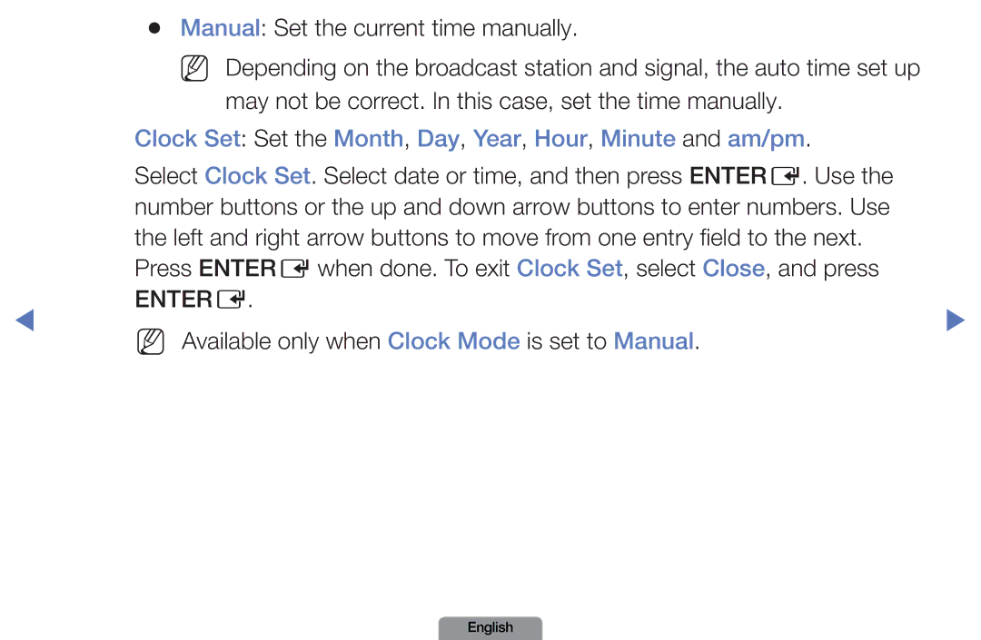 Samsung LN26D450, LN37D550 manual Clock Set Set the Month, Day, Year, Hour, Minute and am/pm 