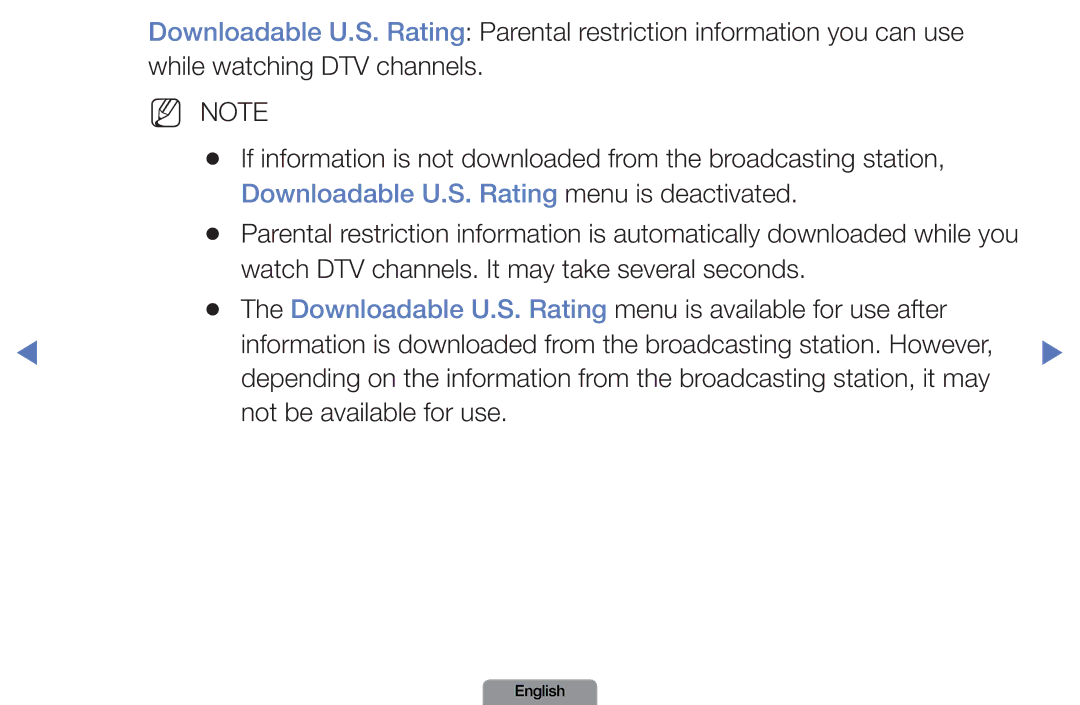 Samsung LN37D550, LN26D450 manual Downloadable U.S. Rating menu is deactivated 