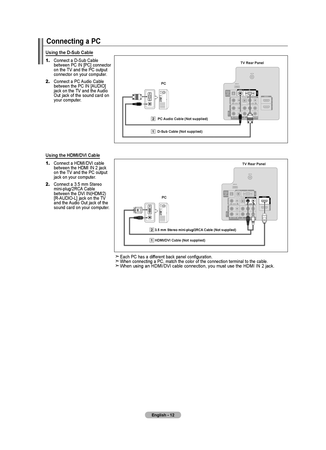 Samsung LN2A0J1N user manual Connecting a PC, Using the D-Sub Cable, Using the HDMI/DVI Cable 