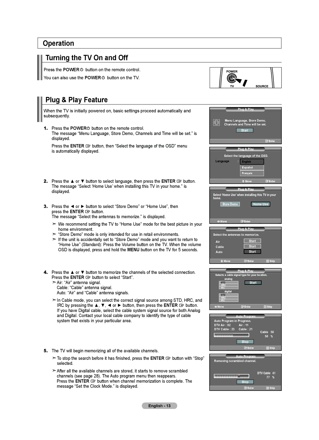 Samsung LN2A0J1N Operation Turning the TV On and Off, Plug & Play Feature, Press the Enter button to select Start 