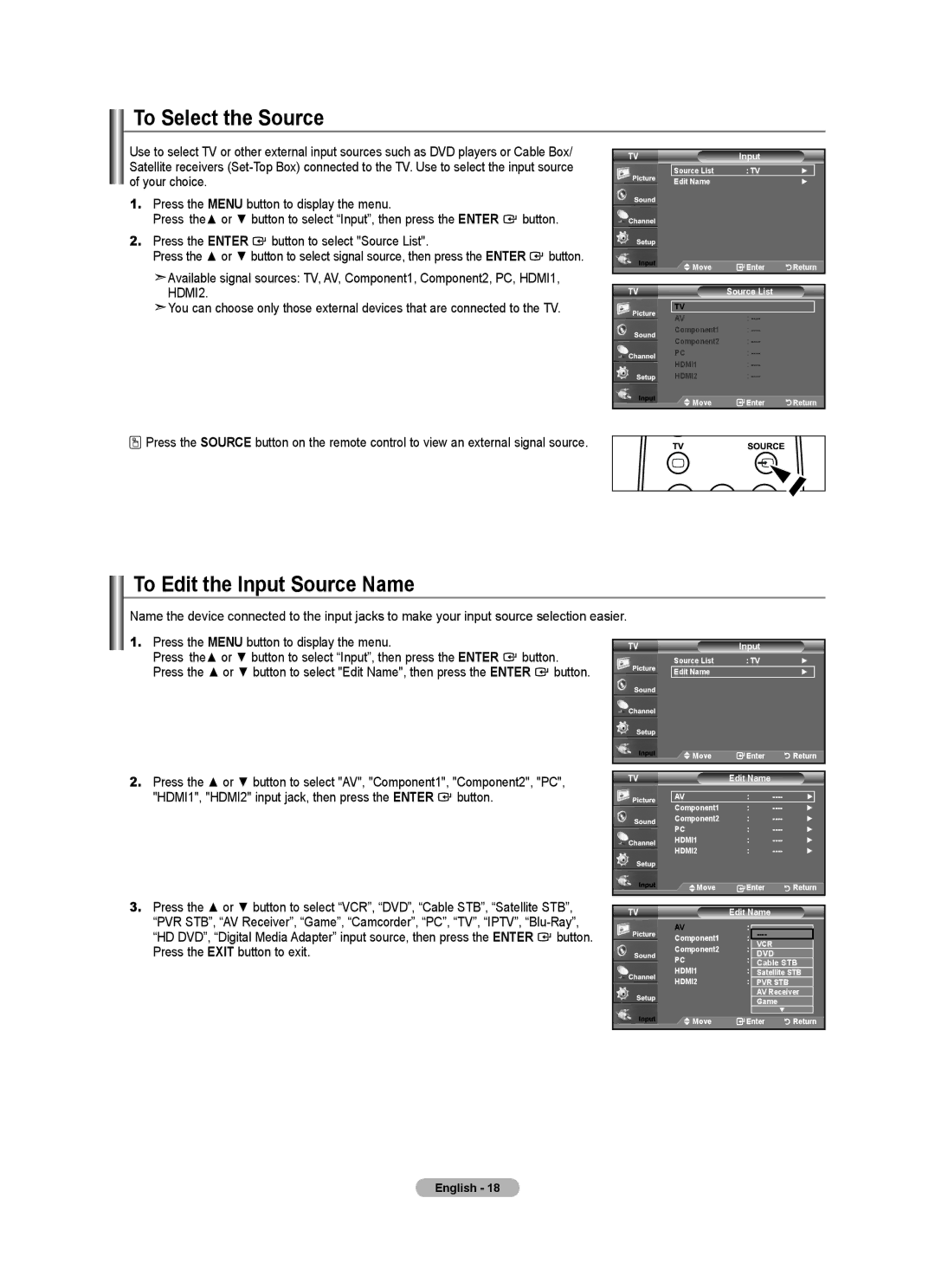 Samsung LN2A0J1N user manual To Select the Source, To Edit the Input Source Name, Source List 