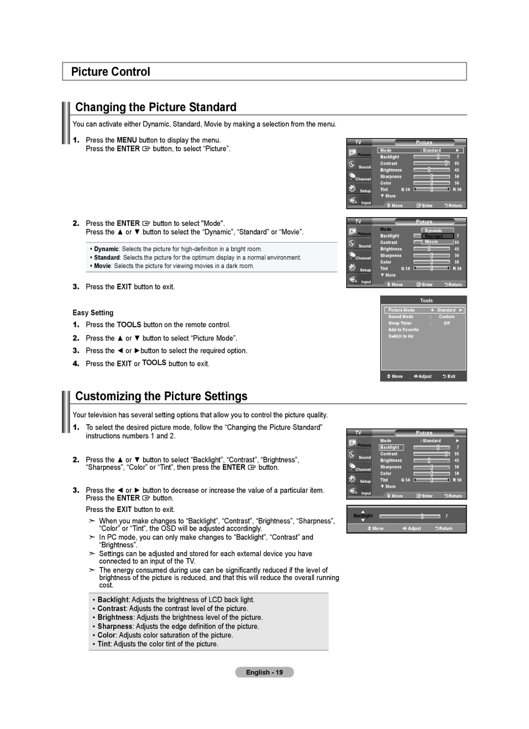 Samsung LN2A0J1N user manual Picture Control Changing the Picture Standard, Customizing the Picture Settings 