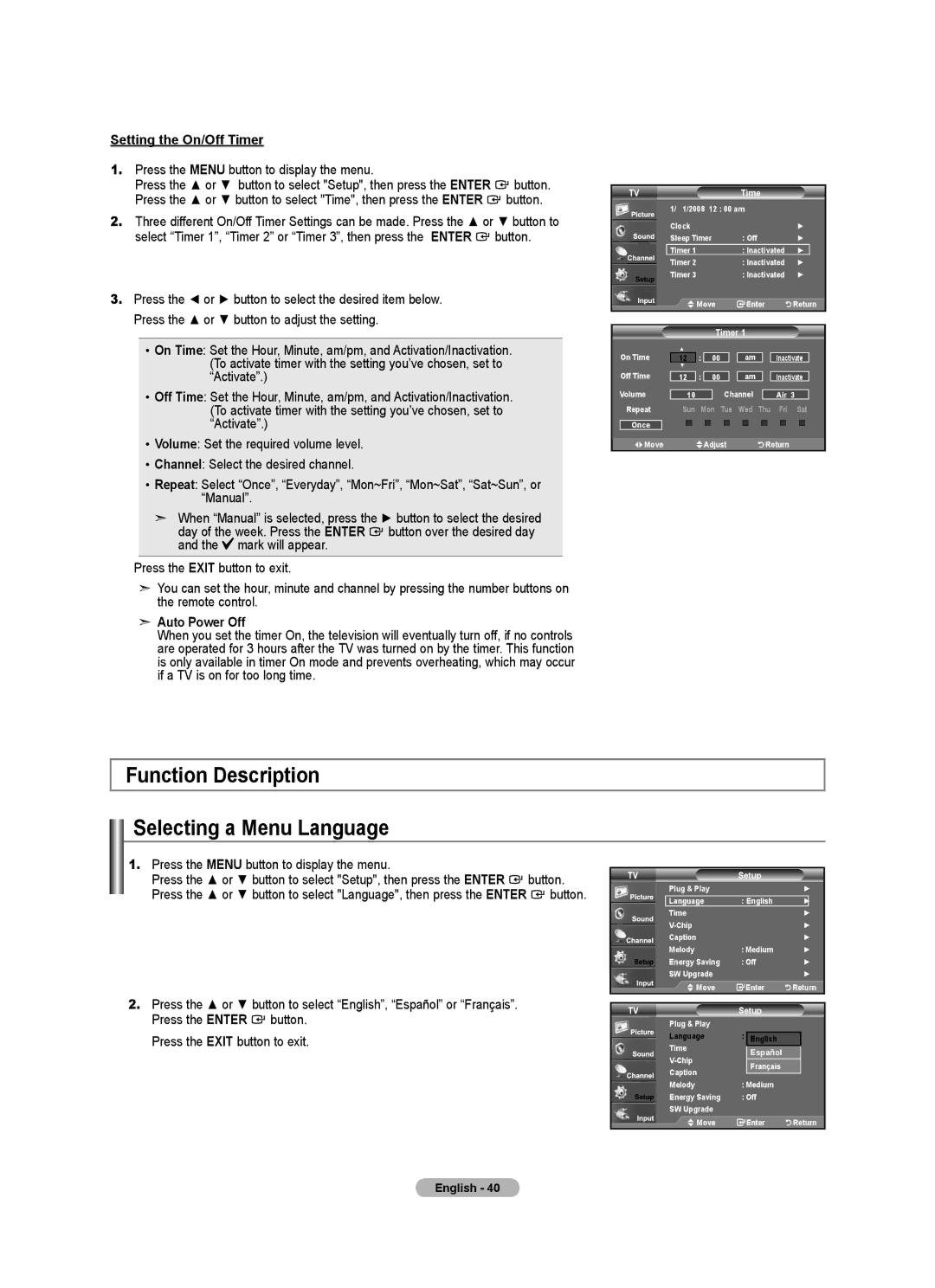 Samsung LN2A0J1N user manual Function Description Selecting a Menu Language, Setting the On/Off Timer, Auto Power Off 