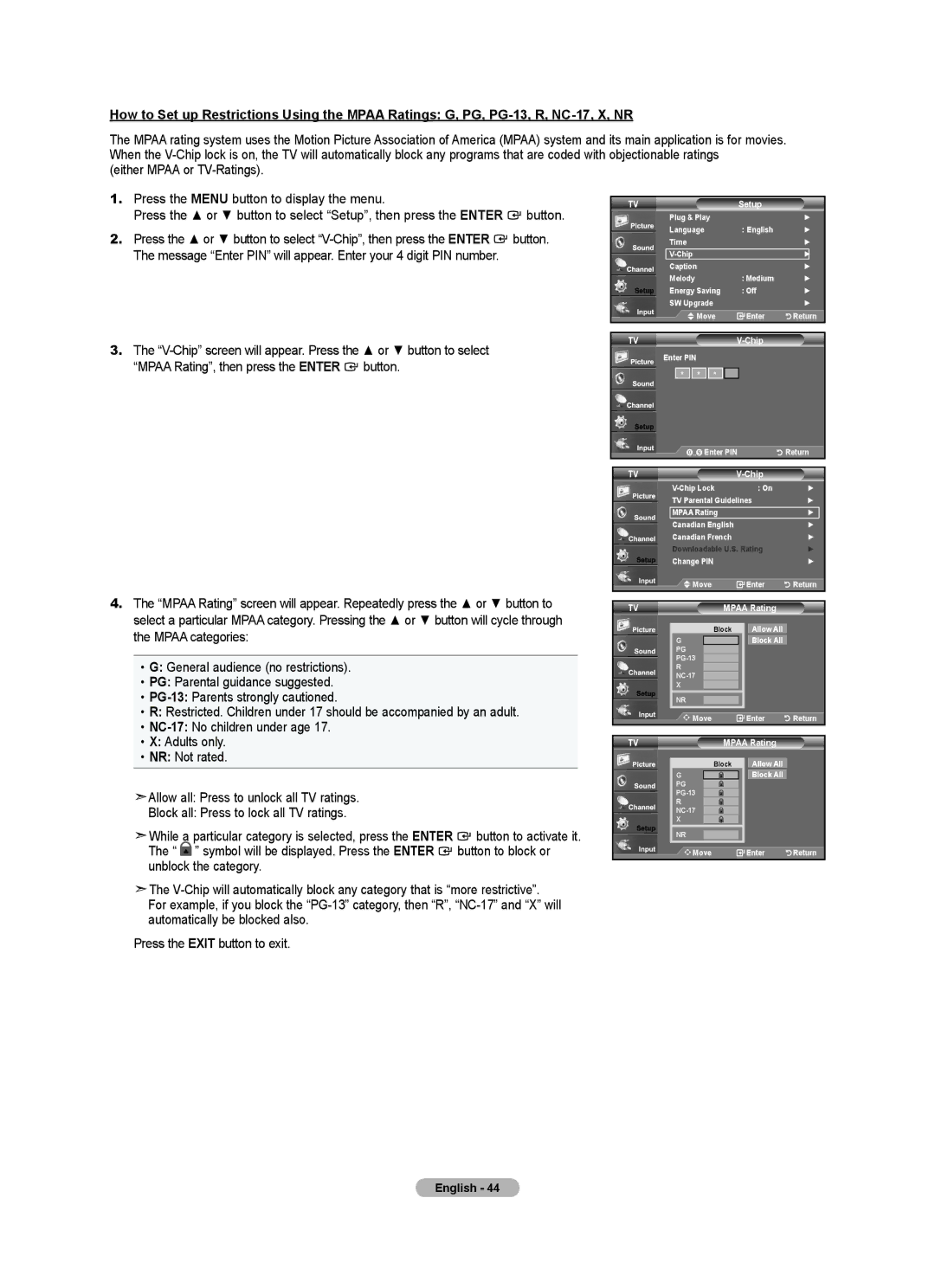 Samsung LN2A0J1N user manual Allow All Block All 