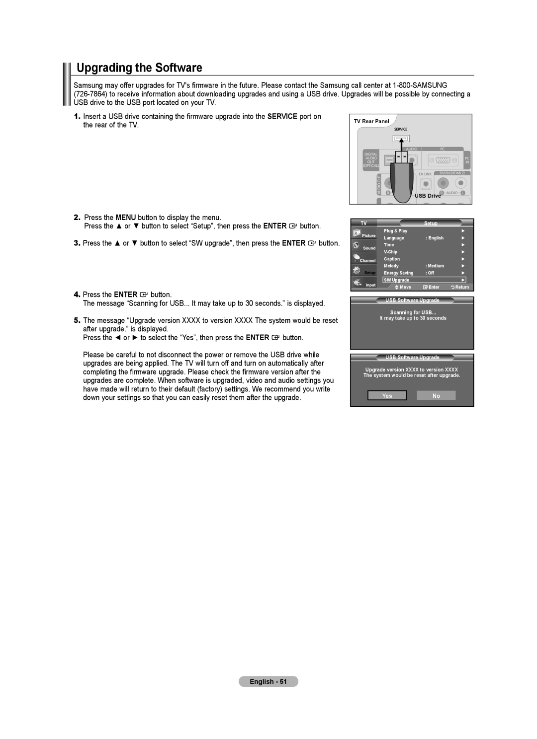 Samsung LN2A0J1N user manual Upgrading the Software, Press the Enter button 