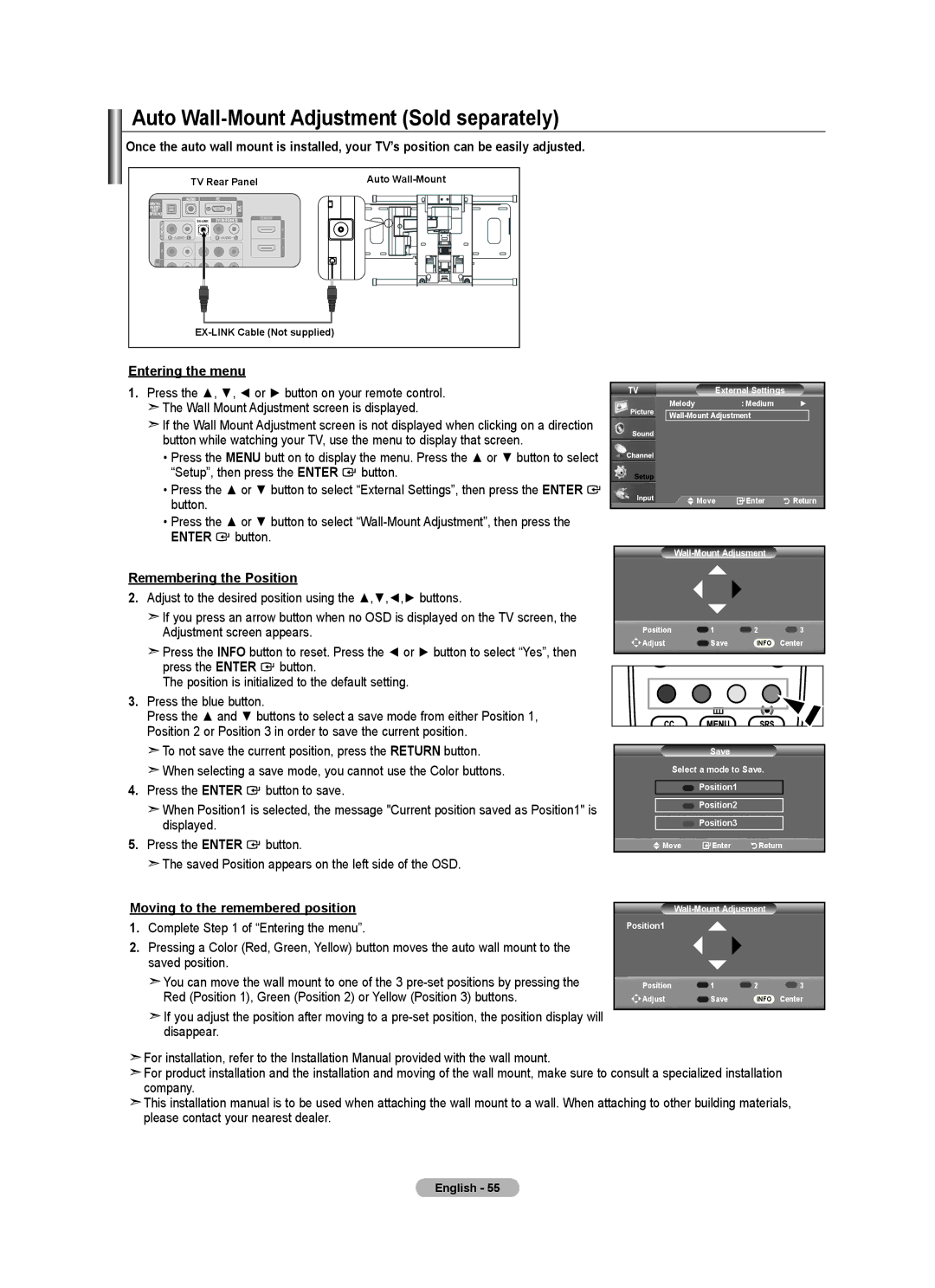 Samsung LN2A0J1N user manual Auto Wall-Mount Adjustment Sold separately, Entering the menu, Remembering the Position 