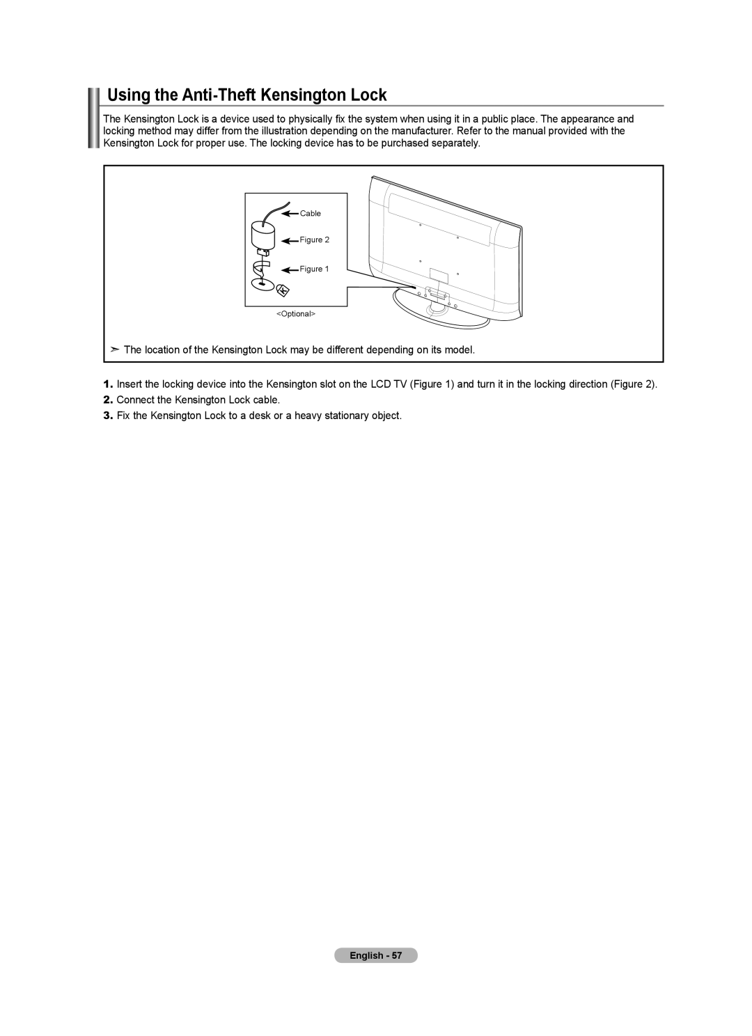 Samsung LN2A0J1N user manual Using the Anti-Theft Kensington Lock 