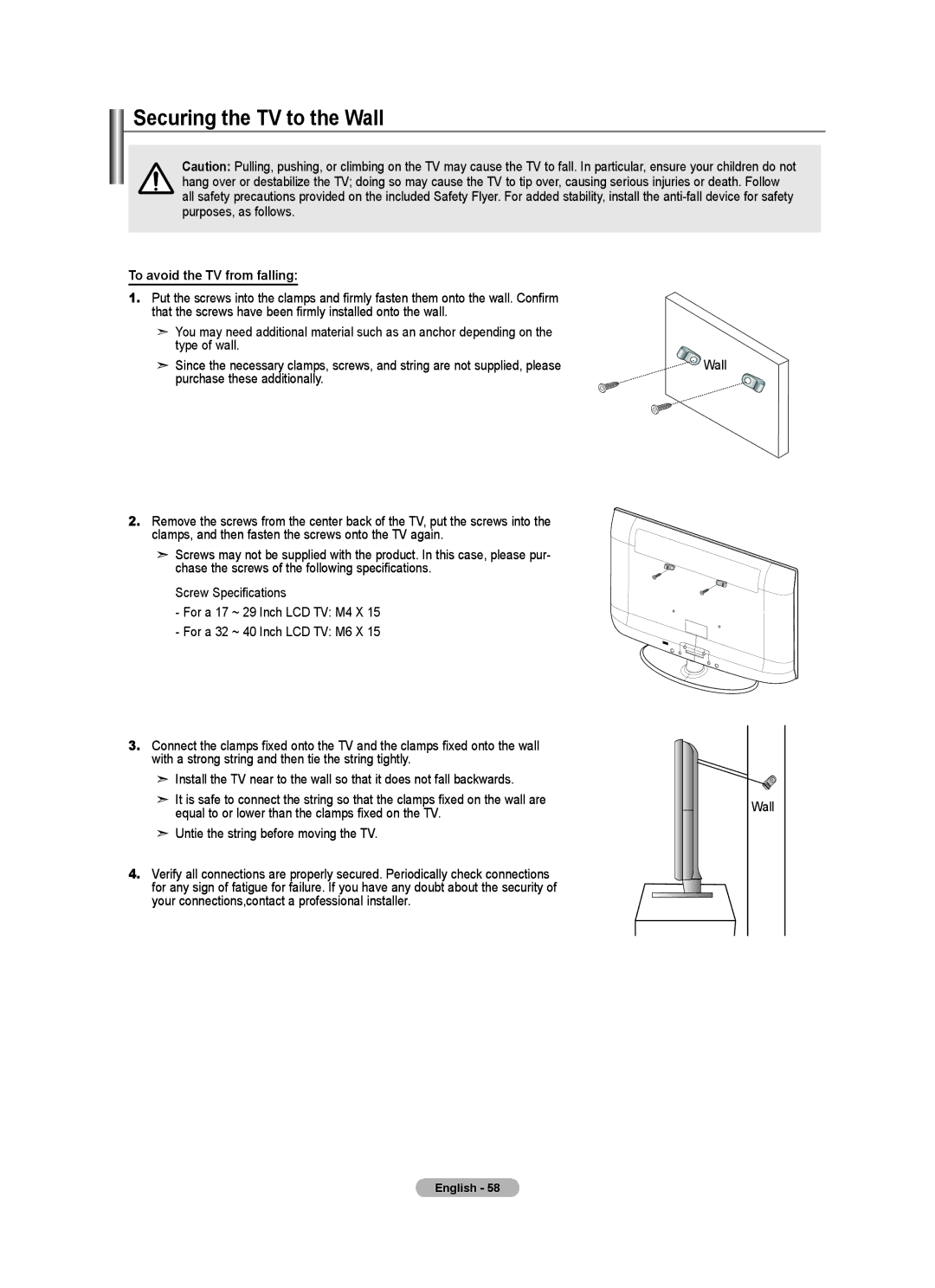 Samsung LN2A0J1N user manual Securing the TV to the Wall, To avoid the TV from falling, Purchase these additionally 