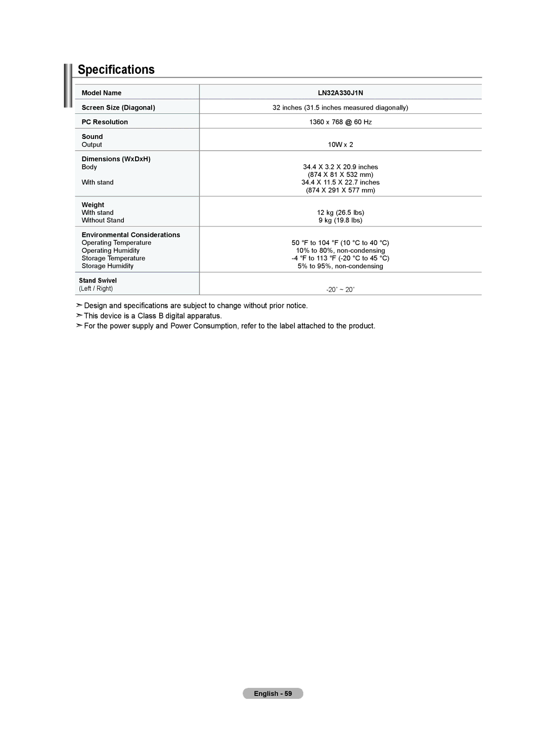 Samsung LN2A0J1N user manual Specifications, Dimensions WxDxH 