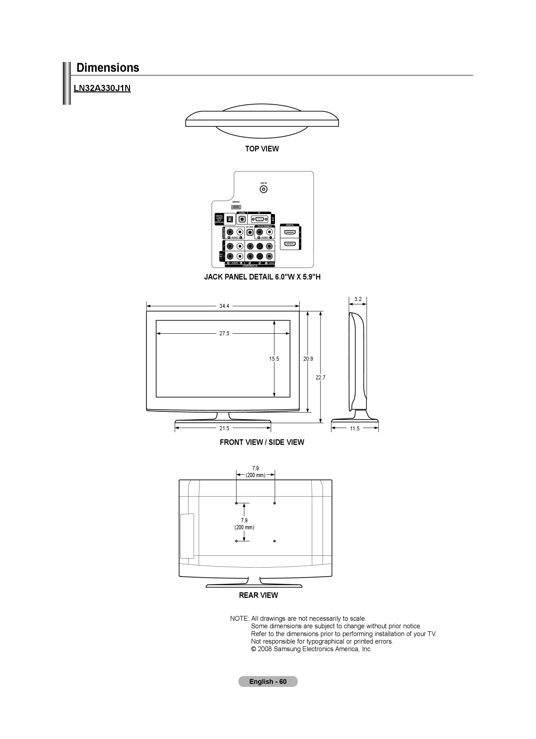 Samsung LN2A0J1N user manual Dimensions, LN32A330J1N 