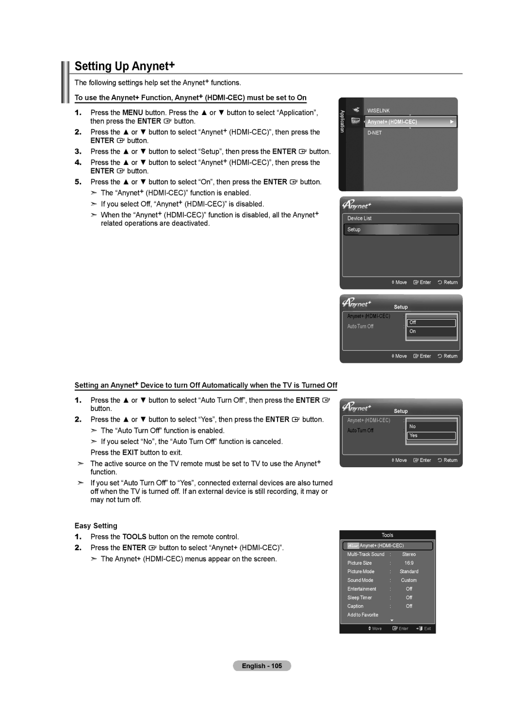 Samsung LN40A620A1F, LN2A620A1F Setting Up Anynet+, Following settings help set the Anynet+ functions, Anynet+ HDMI-CEC 