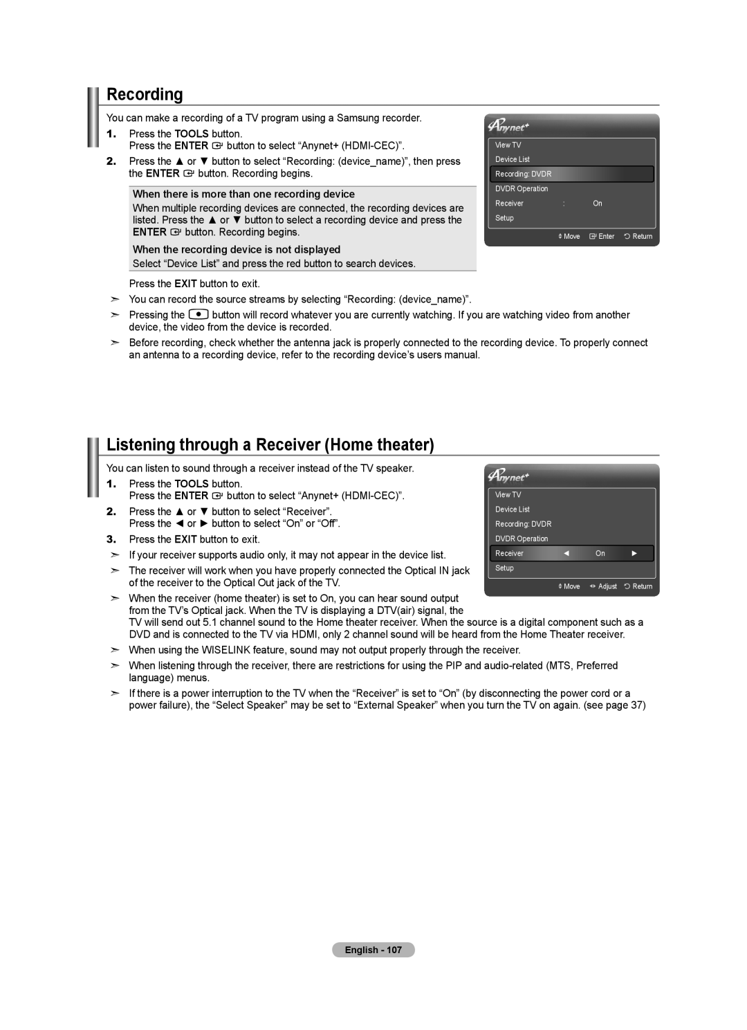 Samsung LN32A620A1F Recording, Listening through a Receiver Home theater, When there is more than one recording device 