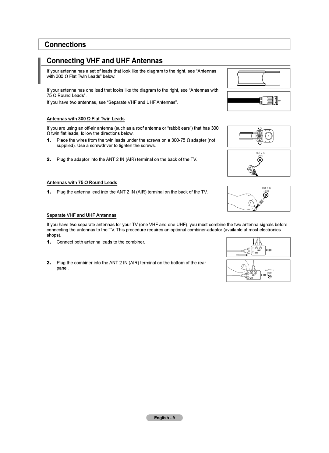 Samsung LN40A620A1F, LN2A620A1F user manual Connections Connecting VHF and UHF Antennas, Antennas with 300 Ω Flat Twin Leads 