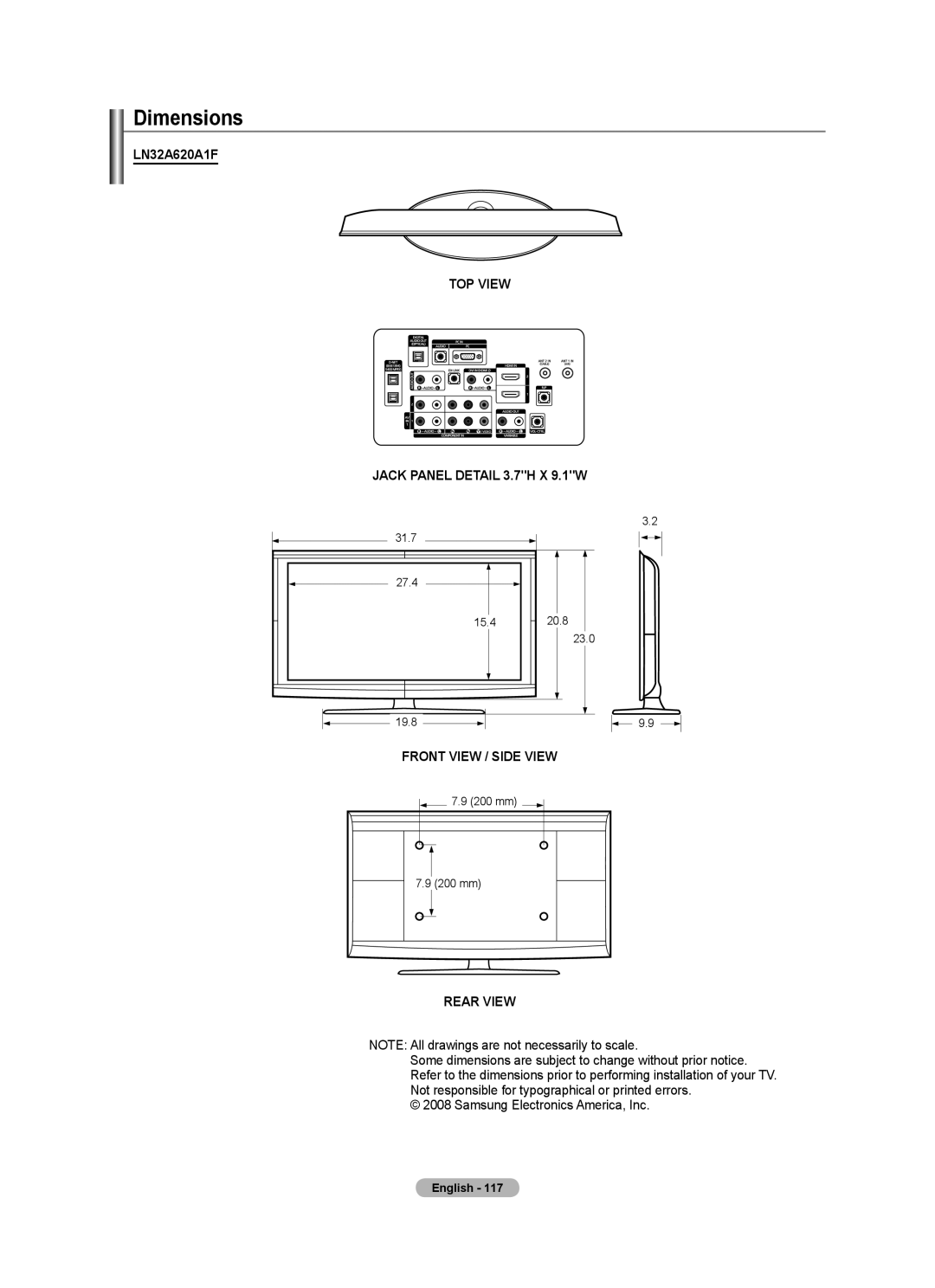 Samsung LN40A620A1F, LN2A620A1F, LN32A620A1F user manual Dimensions, Rear View 