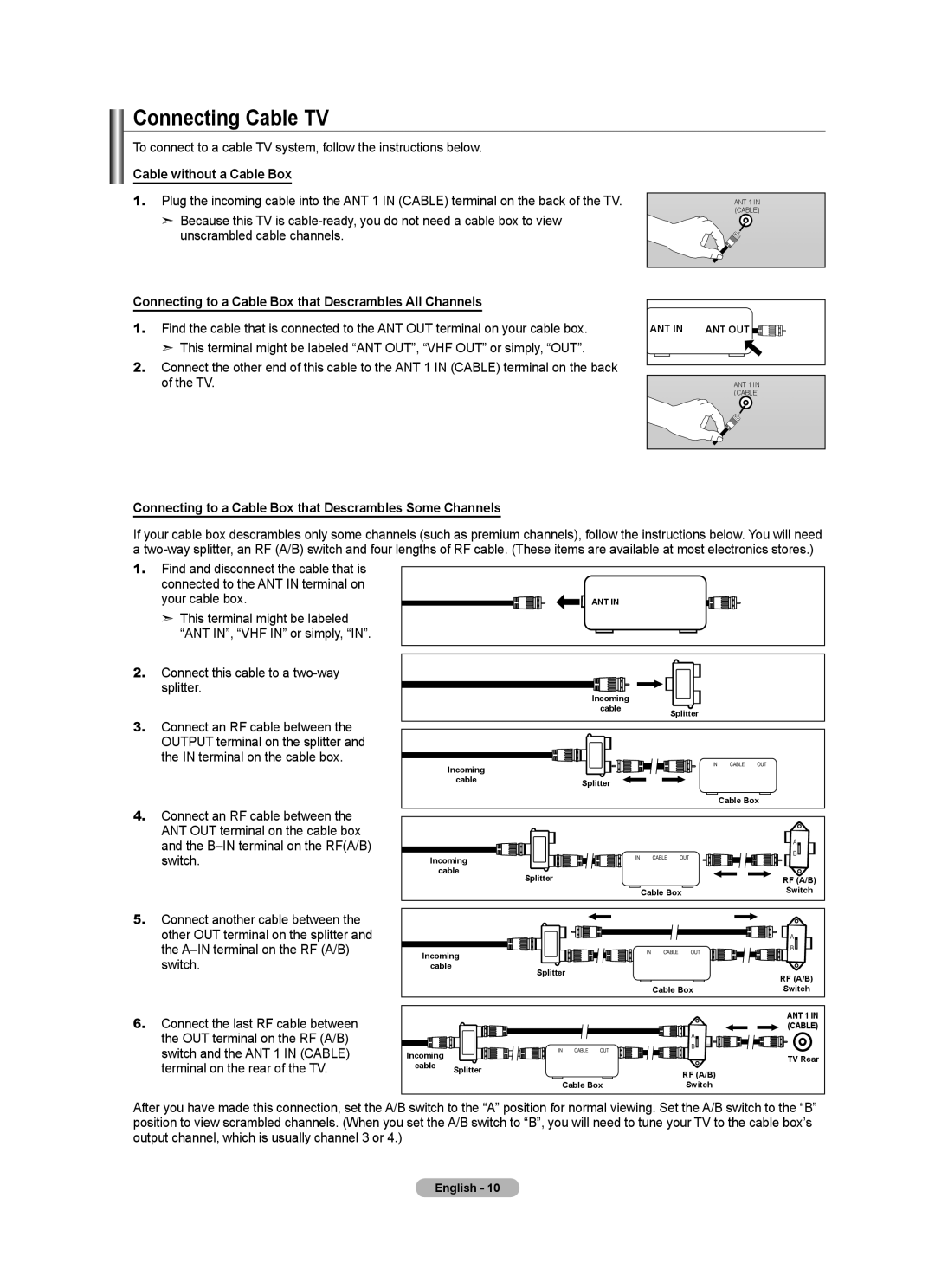 Samsung LN2A620A1F Connecting Cable TV, Cable without a Cable Box, Connecting to a Cable Box that Descrambles All Channels 