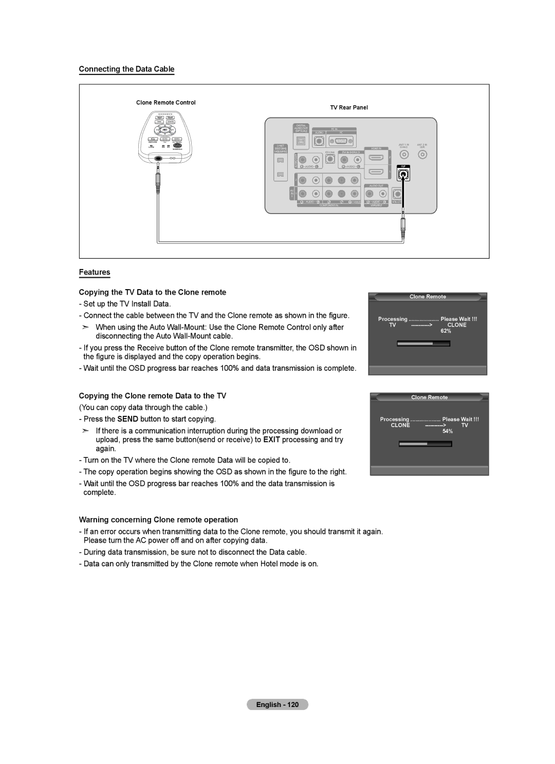 Samsung LN40A620A1F, LN2A620A1F, LN32A620A1F Connecting the Data Cable, Features Copying the TV Data to the Clone remote 